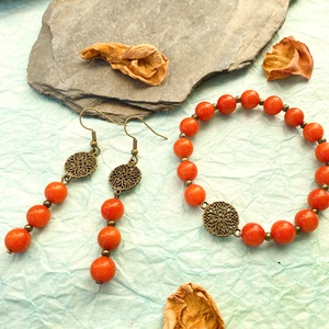 Tűztövis -  kalcit karkötő/fülbevaló  szett - ékszer - ékszerszett - Meska.hu