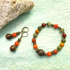 Őszi erdő - vegyes ásvány  karkötő/fülbevaló  szett, Ékszer, Ékszerszett, Ékszerkészítés, MESKA