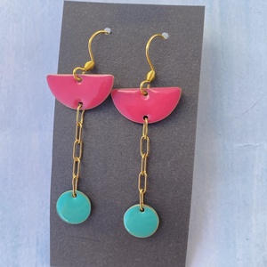  Geometrikus   pink és türkiz fülbevaló arany színű szerelékkel - ékszer - fülbevaló - lógó fülbevaló - Meska.hu
