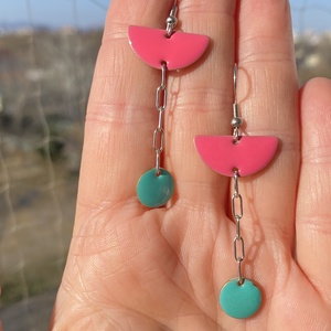  Geometrikus   pink és türkiz fülbevaló ezüst  színű szerelékkel - ékszer - fülbevaló - lógó fülbevaló - Meska.hu