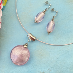 Rózsaszín  muránói fülbevaló/medál szett  - ékszer - ékszerszett - Meska.hu