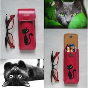 Mályva fekete cica mintás bőr tolltartó, szemüvegtok -  - Meska.hu