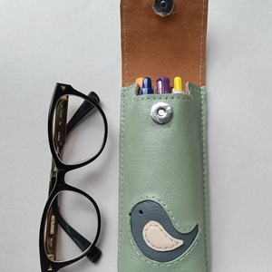 Mentazöld kék madár mintás bőr tolltartó, szemüvegtok - táska & tok - pénztárca & más tok - szemüvegtok - Meska.hu