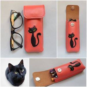 Lazac fekete cica mintás bőr tolltartó, szemüvegtok, Táska & Tok, Pénztárca & Más tok, Szemüvegtok, Bőrművesség, MESKA