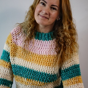 Horgolt színes raglán pulóver - ruha & divat - női ruha - pulóver - Meska.hu