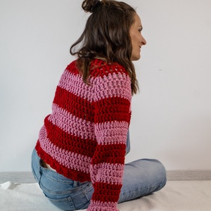 Horgolt csíkos pulóver - ruha & divat - női ruha - pulóver - Meska.hu