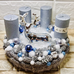 Ezüst szarvasos adventi koszorú, Karácsony, Adventi díszek, Adventi koszorú, Virágkötés, MESKA