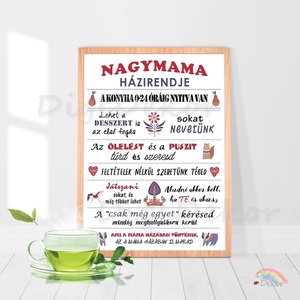 Nagymama Házirendje falikép, print vagy táblakép, ajándék anyák napjára, karácsonyra, skandináv motívumokkal tábla, Otthon & Életmód, Dekoráció, Fali és függő dekoráció, Falra akasztható dekor, Fotó, grafika, rajz, illusztráció, MESKA