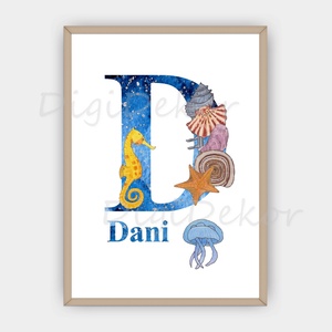 Tengeri állatos monogram gyerekeknek. Névre szóló ajándék, betűs-neves táblakép. Csikóhalas fali dekoráció fiúknak., Otthon & Életmód, Dekoráció, Fali és függő dekoráció, Falra akasztható dekor, Fotó, grafika, rajz, illusztráció, MESKA
