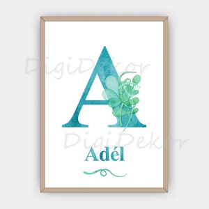 Monogram táblakép névvel. Türkiz betű tengeri hínáros motívummal. - otthon & életmód - dekoráció - fali és függő dekoráció - falra akasztható dekor - Meska.hu