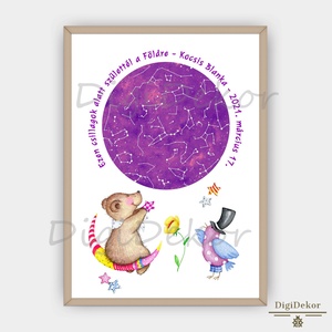 Madárkás, macis csillagtérkép. Csillagállás ajándék babaszületére, szülinapra, keresztelőre. Táblakép vagy print. - otthon & életmód - babaszoba, gyerekszoba - babaszoba kép - Meska.hu