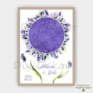 Levendulás csillagtérkép szerelmeseknek. Névre szóló dátumos táblakép. Csillagok állása, egyedi falikép pároknak., Művészet, Grafika & Illusztráció, Művészi nyomat, Fotó, grafika, rajz, illusztráció, MESKA