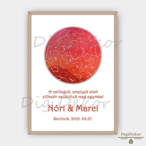 Narancspiros, klasszikus csillagtérkép szerelmeseknek. Neves nászajándék. Csillagok állása, csillagképes ajándék falikép, Művészet, Grafika & Illusztráció, Művészi nyomat, Fotó, grafika, rajz, illusztráció, MESKA