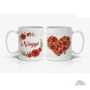 Pipacsos-szíves anyák napi bögre nagymamának. Kedves mama-ajándék gyönyörű virágokkal és Nagyi felirattal. , Otthon & Életmód, Konyhafelszerelés, tálalás, Tálalás, Bögre & Csésze, Fotó, grafika, rajz, illusztráció, Kerámia, MESKA