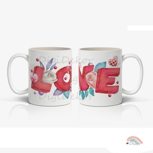LOVE feliratos, különleges bögre növényes, szivecskés díszítéssel, Valentin-napi ajándék, romantikus bögre nőknek. - otthon & életmód - konyhafelszerelés, tálalás - tálalás - bögre & csésze - Meska.hu