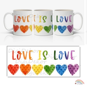 Love is Love feliratos bögre a szivárvány színeivel, pettyes szívekkel díszítve. Elfogadás, egyenlőség ajándék, szerelem, Otthon & Lakás, Konyhafelszerelés, tálalás, Tálalás, Bögre & Csésze, , Meska