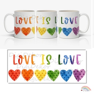 Love is Love feliratos bögre a szivárvány színeivel, pettyes szívekkel díszítve. Elfogadás, egyenlőség ajándék, szerelem, Otthon & Életmód, Konyhafelszerelés, tálalás, Tálalás, Bögre & Csésze, , MESKA