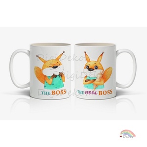 The Boss, The Real Boss, páros ajándék. Évfordulóra, esküvőre. 2 db-os szett, Feliratos, mókusos kerámia bögrék., Otthon & Életmód, Konyhafelszerelés, tálalás, Tálalás, Bögre & Csésze, , MESKA