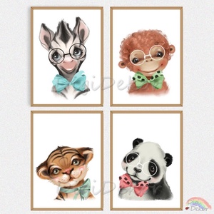 Vadállatok masnival. Csodaszép illusztrációk gyerekszobába, babaszobába. Zebra, majom, tigris, panda., Otthon & Életmód, Babaszoba, gyerekszoba, Babaszoba dekoráció, Fotó, grafika, rajz, illusztráció, MESKA