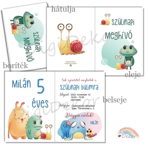 Szülinapi meghívó gyerekeknek, aranyos szörnyecskékkel, csigával. Nyitható kártya nyomtatott borítékkal, egyedi szöveg., Otthon & Életmód, Papír, írószer, Meghívó, Ajándékozás kellékei, Papírművészet, Fotó, grafika, rajz, illusztráció, MESKA