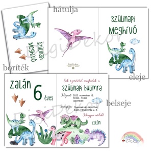 Dinoszauruszos szülinapi meghívó gyerekeknek, kisfiúknak. Nyitható meghívó nyomtatott borítékkal. , Otthon & Életmód, Papír, írószer, Meghívó, Ajándékozás kellékei, Papírművészet, Fotó, grafika, rajz, illusztráció, MESKA