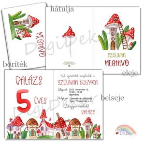 Bűbájos, gombaházikós szülinapi meghívó gyerekeknek. Névre szóló meghívó a szülinapi bulira. , Otthon & Életmód, Papír, írószer, Meghívó, Ajándékozás kellékei, Papírművészet, Fotó, grafika, rajz, illusztráció, MESKA