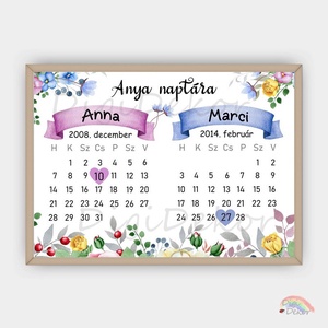 Virágos táblakép naptárral, 2 gyerekhez. Anyának, Mamának. Névre szóló anyák napi ajándék.  - otthon & életmód - dekoráció - kép & falikép - poszter - Meska.hu