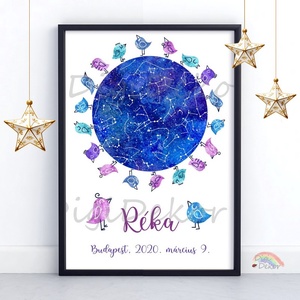 Lila-kék madárkás csillagtérkép. Csillagállás ajándék babaszületére, szülinapra, keresztelőre. Táblakép vagy print., Otthon & Életmód, Babaszoba, gyerekszoba, Babaszoba kép, Fotó, grafika, rajz, illusztráció, MESKA