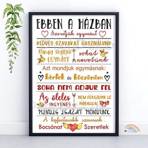 Sárga-piros Ebben a házban... táblakép, családi szabályok kedves rajzokkal. Tökéletes ajándék házavatóra, karácsonyra. - Meska.hu