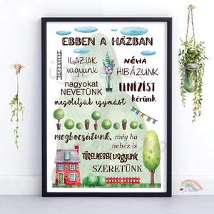 Tájképes Ebben a házban... táblakép, családi szabályok gyönyörű rajzokkal. Tökéletes ajándék házavatóra, karácsonyra. - otthon & életmód - dekoráció - fali és függő dekoráció - falra akasztható dekor - Meska.hu