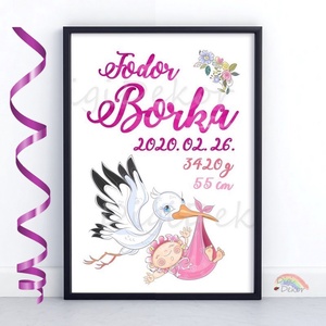 Gólyás születési tábla kislányoknak, születésnapi poszter, névre szóló falikép babaszobába, babalátogató ajándék, Otthon & Életmód, Dekoráció, Kép & Falikép, Poszter, Fotó, grafika, rajz, illusztráció, MESKA