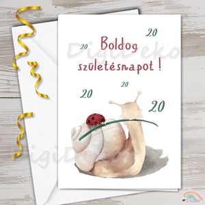 Csigás és katicás születésnapi képeslap. Egyedi üdvözlőlap évszámmal. , Otthon & Életmód, Papír, írószer, Képeslap, üdvözlőlap, Ajándékozás kellékei, Fotó, grafika, rajz, illusztráció, Papírművészet, MESKA