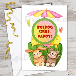 Nyári hangulatú, nyuszis-macis szülinapi képeslap. Aranyos üdvözlőlap gyerekeknek. , Otthon & Életmód, Papír, írószer, Képeslap, üdvözlőlap, Ajándékozás kellékei, Fotó, grafika, rajz, illusztráció, Papírművészet, MESKA
