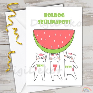 Cicás-dinnyés szülinapi képeslap névvel és számmal. Aranyos üdvözlőlap gyerekeknek. , Otthon & Életmód, Papír, írószer, Képeslap, üdvözlőlap, Ajándékozás kellékei, Fotó, grafika, rajz, illusztráció, Papírművészet, MESKA