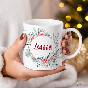 Egyedi narancskarikákkal díszített karácsonyi bögre névre szólóan, nőknek. , Otthon & Életmód, Konyhafelszerelés, tálalás, Tálalás, Bögre & Csésze, , MESKA