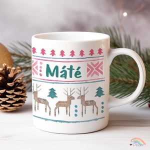 Névre szóló karácsonyi bögre szarvasokkal, fenyőfákkal, skandináv mintával. Egyedi ajándék férfiaknak. - Meska.hu