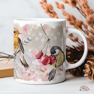 Havas, téli madaras bögre. Hangulatos karácsonyi ajándék kedves rajzokkal, megnyugtató színekkel.  - Meska.hu