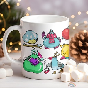 Tarka, vicces madárkák, téli hangulat. Vidám madaras rajzokkal borított karácsonyi bögre. 3 dl-es bögre karácsonyra. - Meska.hu