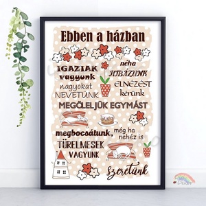 Családi szabályok díszítéssel. Ebben a házban... táblakép virágokkal. Csodaszép ajándék házavatóra, karácsonyra., Otthon & Életmód, Dekoráció, Fali és függő dekoráció, Falra akasztható dekor, Fotó, grafika, rajz, illusztráció, MESKA