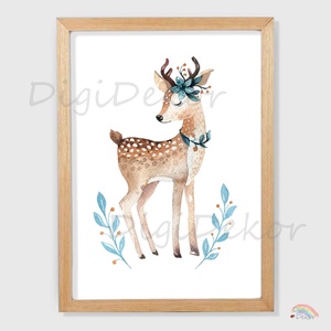 Őzike virágokkal. Boho falikép gyerekszobába. Keretes kép, táblakép gyerekeknek. A4-es, A3-as print. - Meska.hu
