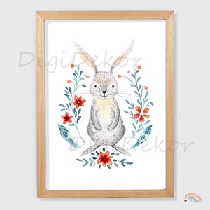 Nyuszi virágokkal. Boho falikép gyerekszobába. Keretes kép, táblakép gyerekeknek. A4-es, A3-as print., Otthon & Életmód, Babaszoba, gyerekszoba, Babaszoba kép, , MESKA