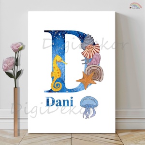 Monogramos táblakép tengeri élőlényekkel, névre szólóan., Otthon & Életmód, Dekoráció, Fali és függő dekoráció, Falra akasztható dekor, Fotó, grafika, rajz, illusztráció, MESKA