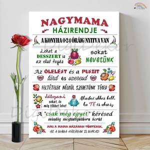 Kalocsai motívumokkal díszített Nagymama Házirendje táblakép. Falikép ajándék Mamának, Otthon & Életmód, Dekoráció, Fali és függő dekoráció, Falra akasztható dekor, Fotó, grafika, rajz, illusztráció, MESKA