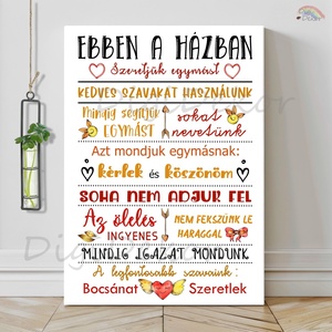 Ebben a házban... táblakép, családi szabályok. Fekete-narancssárga szöveges falikép., Otthon & Életmód, Dekoráció, Fali és függő dekoráció, Falra akasztható dekor, Fotó, grafika, rajz, illusztráció, MESKA