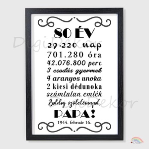 80. születésnapi ajándék Papának. Fekete-fehér, egyedi tábla számokkal. Keretezett falikép., Otthon & Életmód, Dekoráció, Kép & Falikép, Poszter, Fotó, grafika, rajz, illusztráció, MESKA