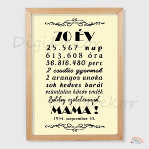Krémszínű hátterű, egyedi falikép 70. születésnapra. Feliratos ajándék Mamának, Papának. Keretes falikép., Otthon & Életmód, Dekoráció, Kép & Falikép, Poszter, Fotó, grafika, rajz, illusztráció, MESKA