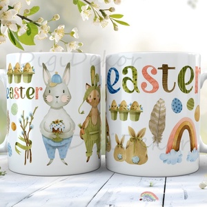 Nyuszis húsvéti bögre Easter felirattal. Kerámia bögre húsvétra., Otthon & Életmód, Konyhafelszerelés, tálalás, Tálalás, Bögre & Csésze, Fotó, grafika, rajz, illusztráció, Kerámia, MESKA
