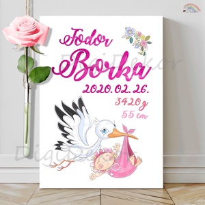 Születési tábla kislányoknak. Babalátogató ajándék. Gólyás falikép. , Otthon & Életmód, Dekoráció, Kép & Falikép, Poszter, Fotó, grafika, rajz, illusztráció, MESKA