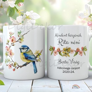 Madárkás, tavaszi virágos ballagási bögre névre szólóan. , Otthon & Életmód, Konyhafelszerelés, tálalás, Tálalás, Bögre & Csésze, Fotó, grafika, rajz, illusztráció, Kerámia, MESKA
