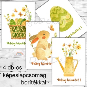 Vidám húsvéti képeslapok borítékkal. 4 db-os csomag. Tavaszi színek. , Otthon & Életmód, Papír, írószer, Képeslap, üdvözlőlap, Ajándékozás kellékei, Fotó, grafika, rajz, illusztráció, Papírművészet, MESKA